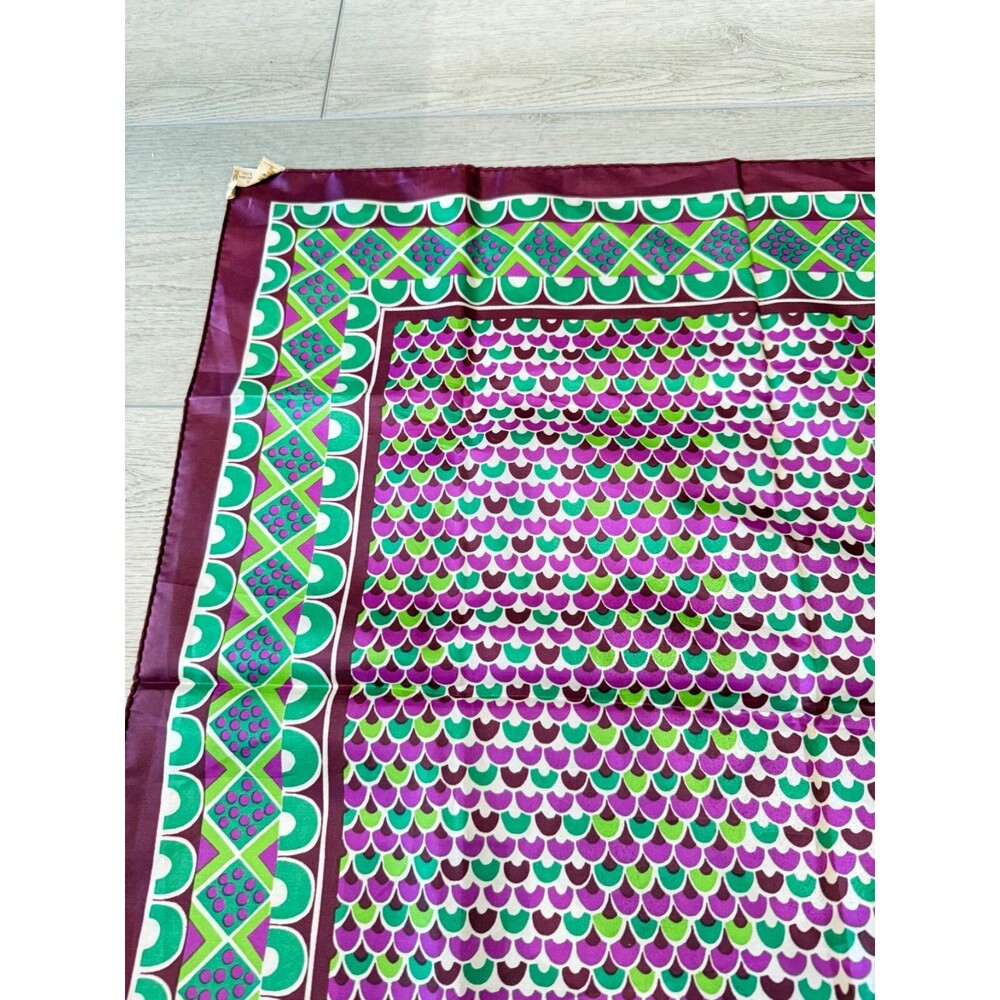 Vintage Sillook Japanese Geometric Scarf Scallop | Green and Purple | 27" Square - Picture 10 of 15